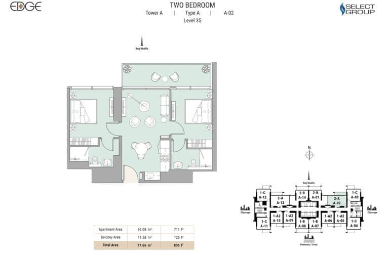 Edge Tower A 2 Bedroom Apartment Type A- A02 Level 35 Floor Plans