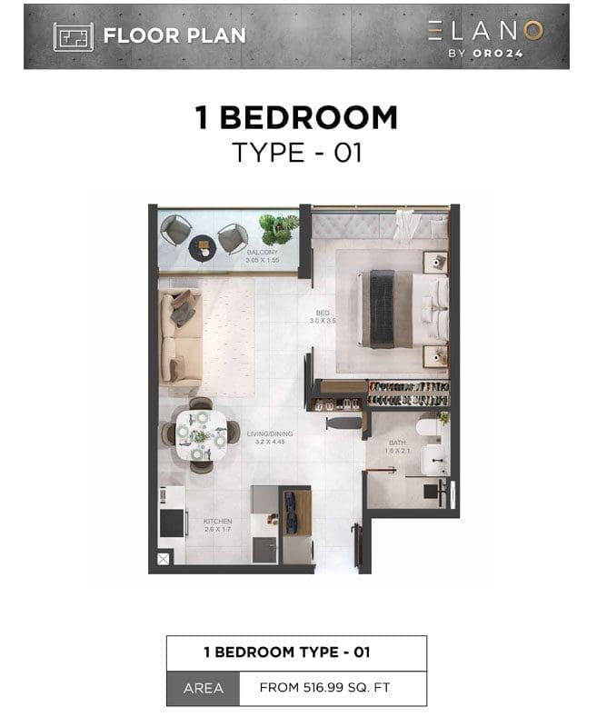 Elano 1 Bedroom Apartments Type 01 Floor Plans