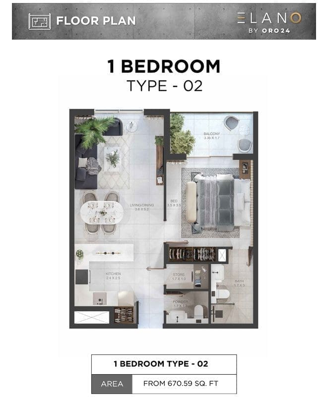 Elano 1 Bedroom Apartments Type 02 Floor Plans