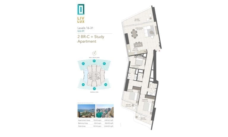 Liv Lux 2 Bedroom Plus Study Apartment Unit 1, Level 16-31 Floor Plans