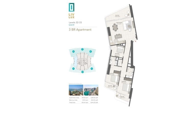 Liv Lux 3 Bedroom Apartment Unit 1, Level 32-33 Floor Plans