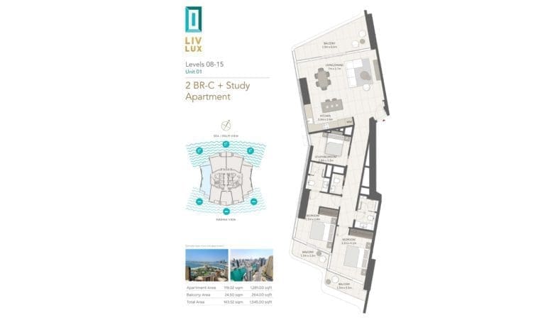 Liv Lux 2 Bedroom Plus Study Apartment Unit 1, Level 08-15 Floor Plans