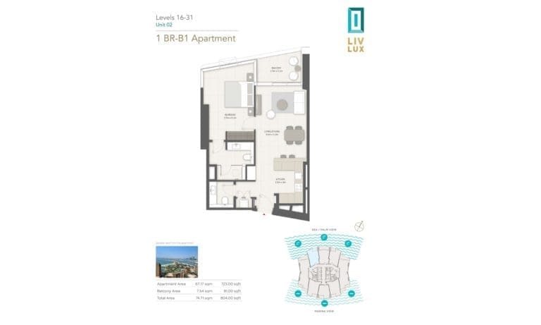 Liv Lux 1 Bedroom B1 Apartment Unit 2, Level 16-31 Floor Plans