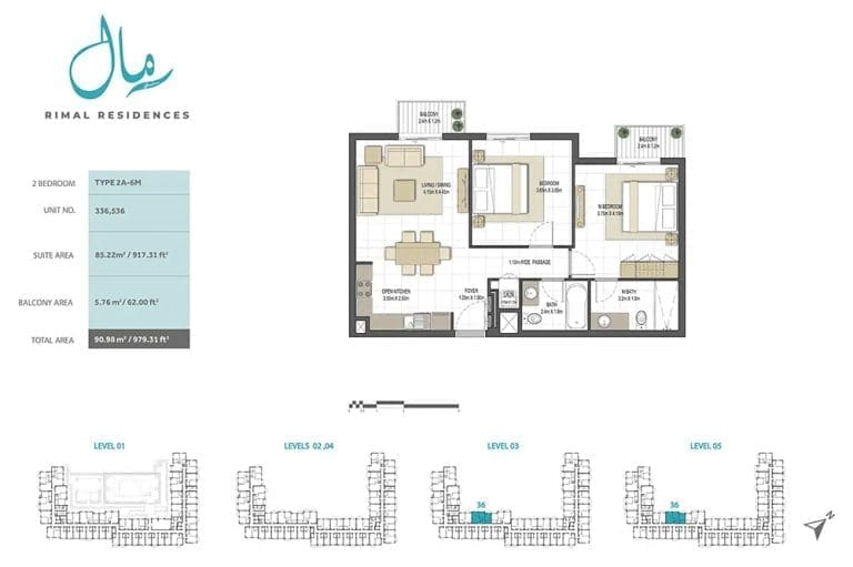 Rimal Residences 2 Bedroom Type 2A-6M Floor Plans