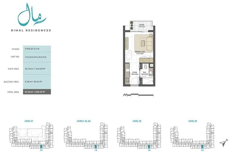 Rimal Residences Studio Apartment Type ST-C1-M Floor Plans
