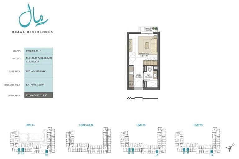Rimal Residences Studio Apartment Type ST-A1-M Floor Plans