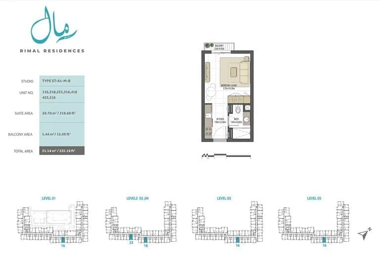 Rimal Residences Studio Apartment Type ST-A1-M-B Floor Plans