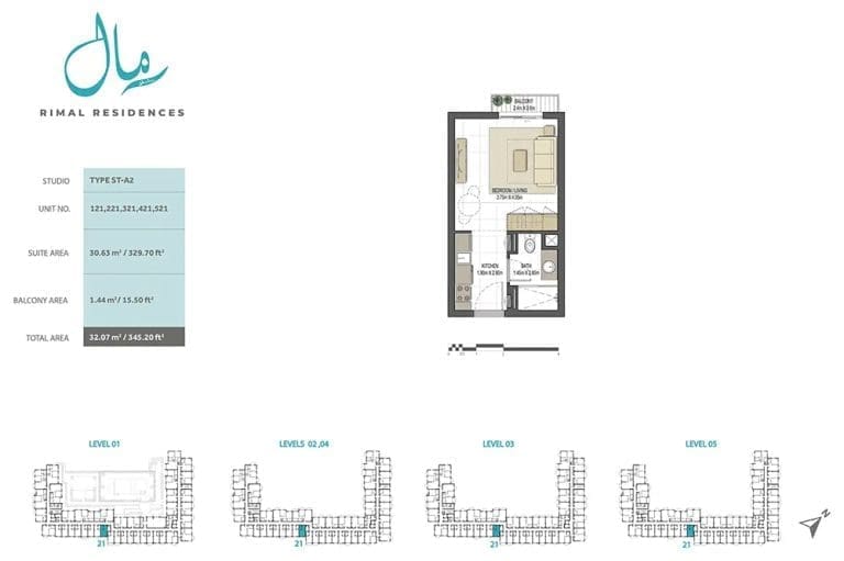 Rimal Residences Studio Apartment Type ST-A2 Floor Plans
