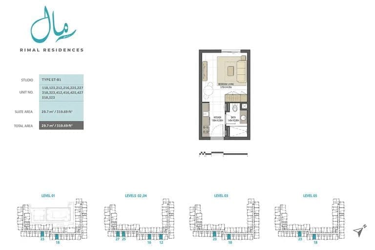 Rimal Residences Studio Apartment Type ST-B1 Floor Plans
