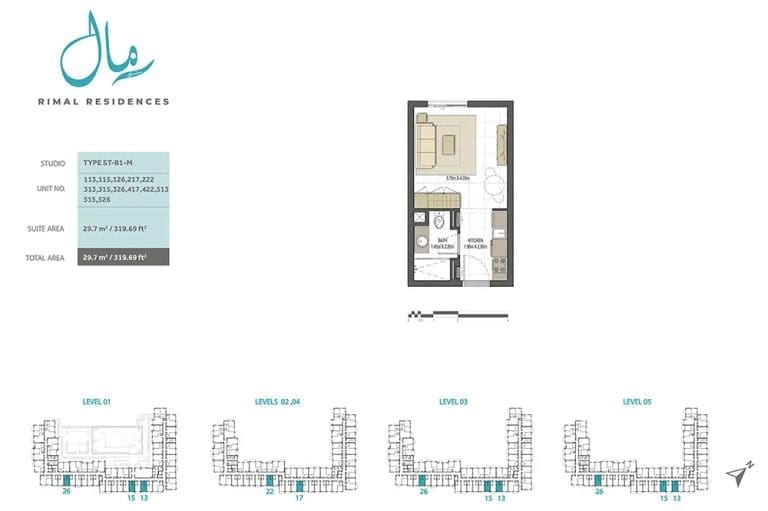 Rimal Residences Studio Apartment Type ST-B1-M Floor Plans