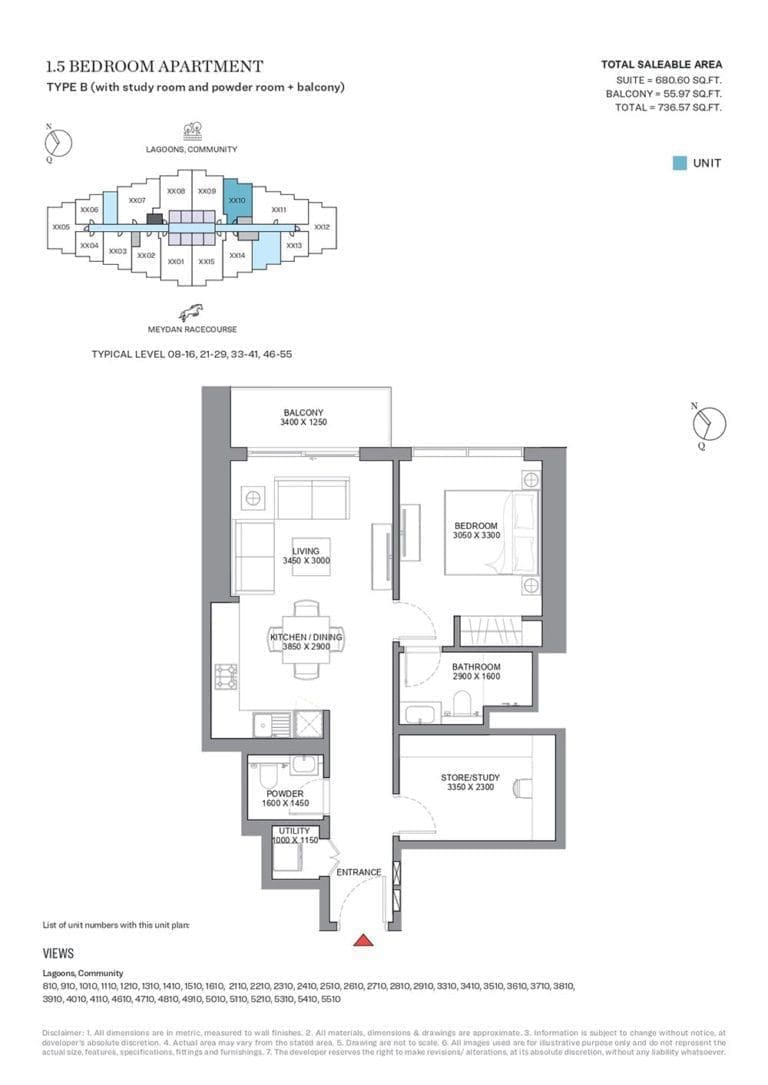 330 Riverside Crescent 1.5 Bedroom Apartment Type B Floor Plans