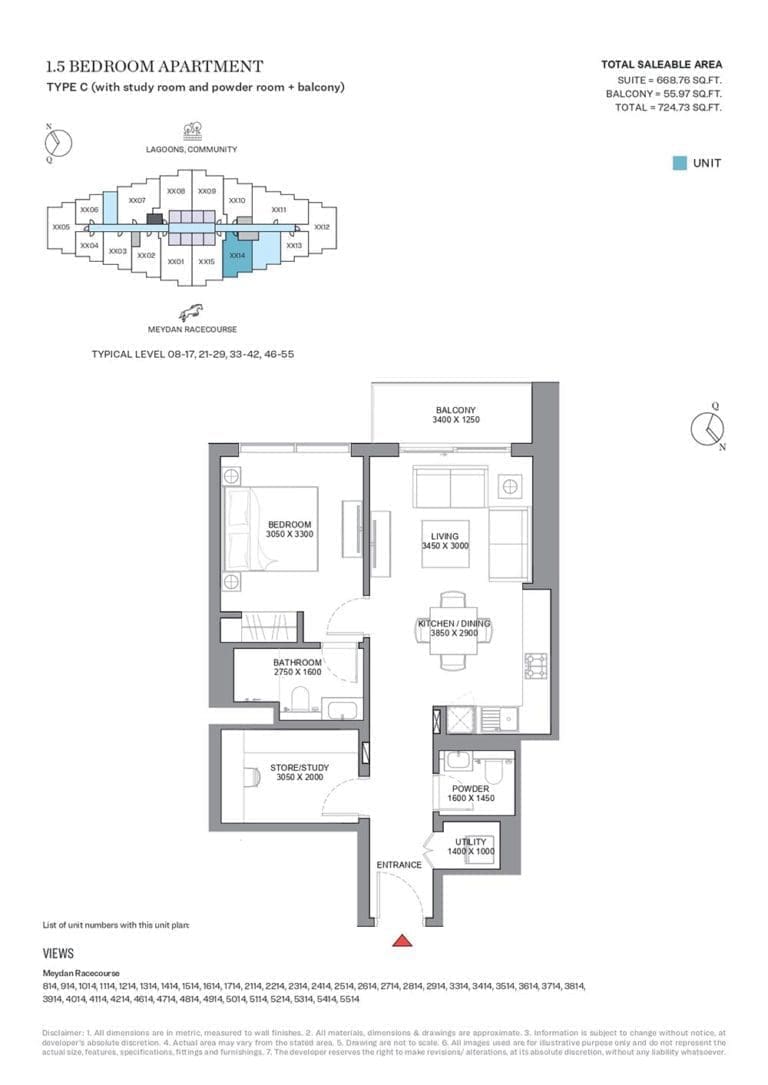 330 Riverside Crescent 1.5 Bedroom Apartment Type C Floor Plans