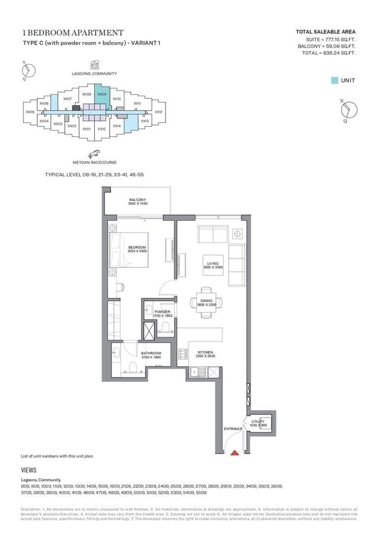 330 Riverside Crescent 1 Bedroom Apartment Type C Variant 1 Floor Plans
