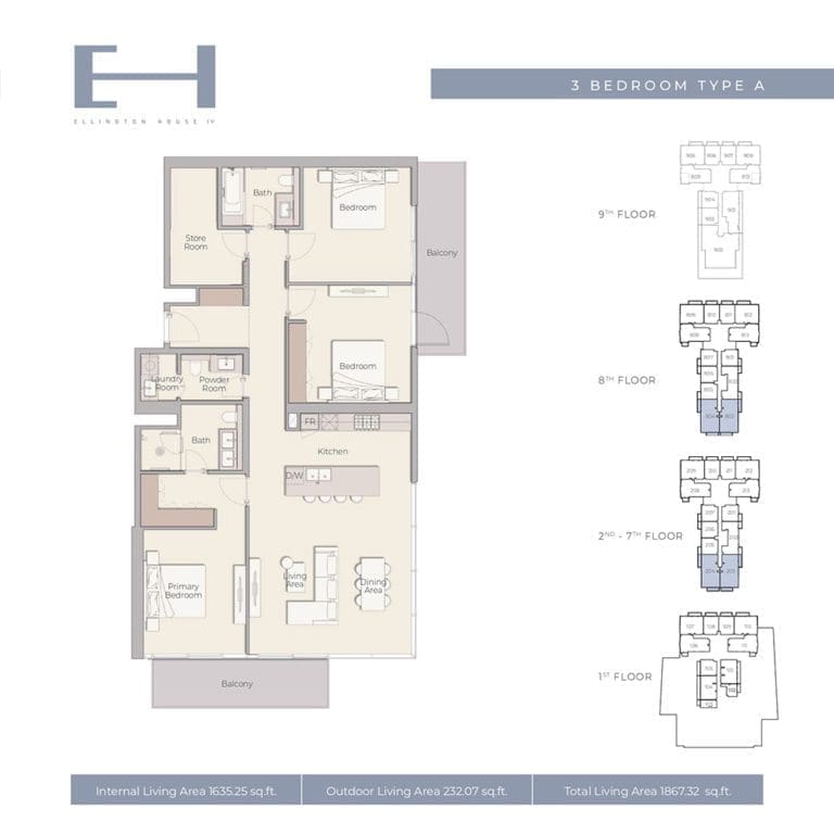 Ellington House 4 – 3 Bedroom Apartment Type A Floor Plans
