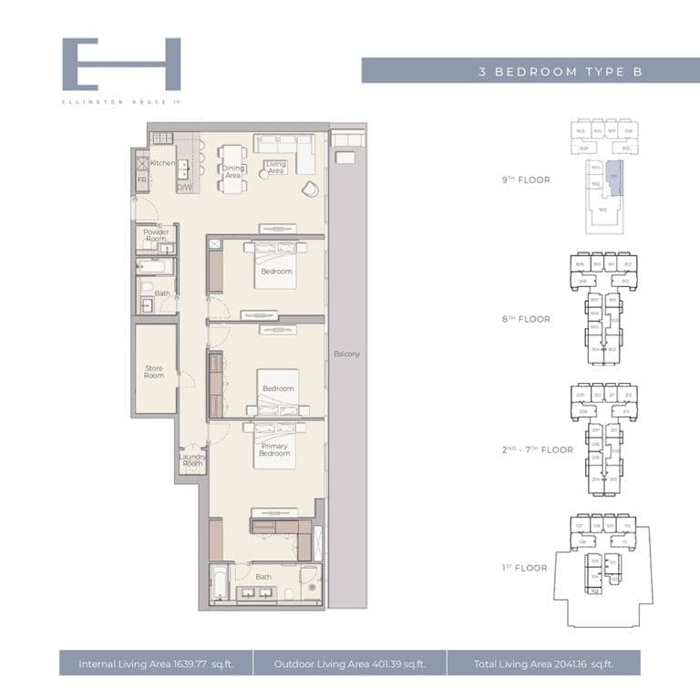 Ellington House 4 – 3 Bedroom Apartment Type B Floor Plans