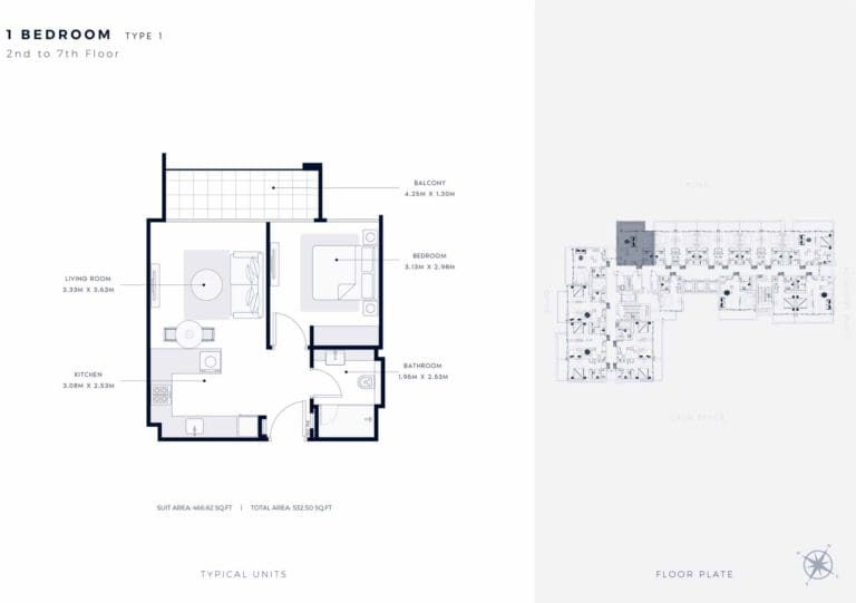 Azizi Riviera 63 – 1 Bedroom Apartment Type 1 Floor Plans