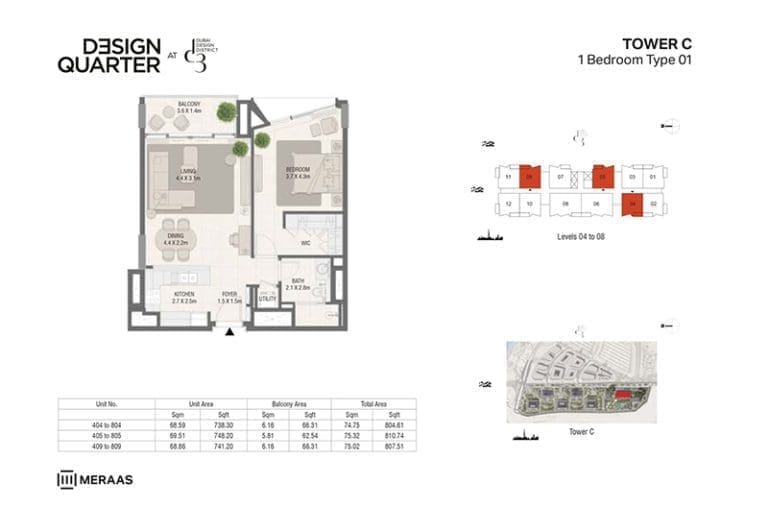 Design Quarter Tower C – 1 Bedroom Apartment Type 01 Floor Plans