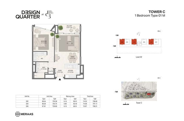 Design Quarter Tower C -1 Bedroom Apartment Type 01 M Floor Plans