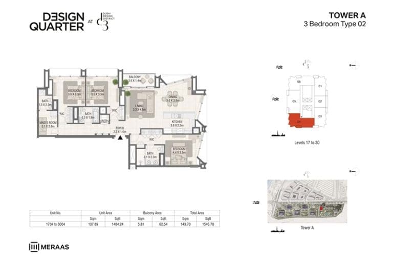Design Quarter Tower A – 3 Bedroom Apartment Type 02 Floor Plans