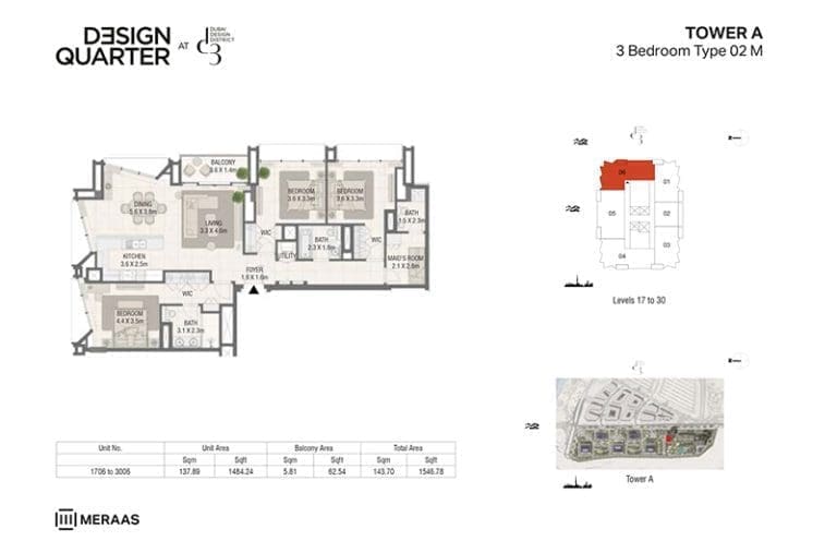 Design Quarter Tower A – 3 Bedroom Apartment Type 02M Floor Plans