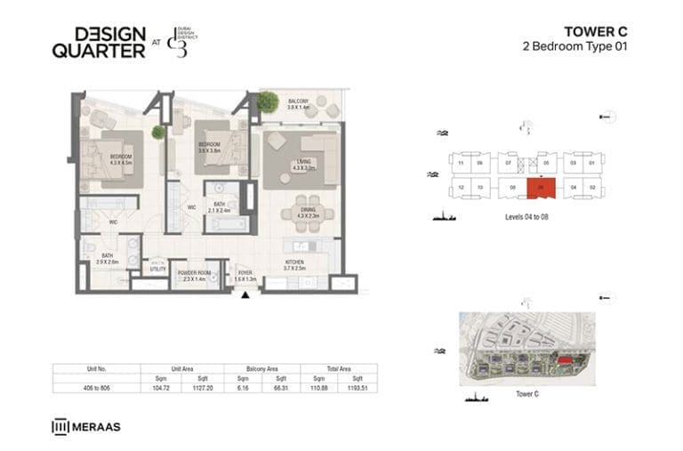 Design Quarter Tower C – 2 Bedroom Apartment Type 01 Floor Plans