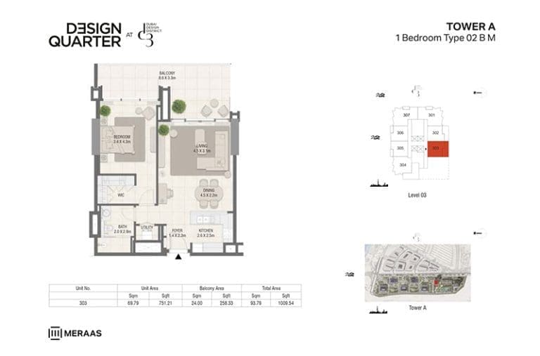Design Quarter Tower A – 1 Bedroom Apartment Type 02BM Floor Plans