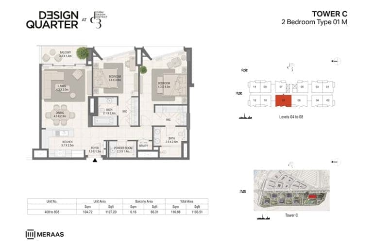 Design Quarter Tower C – 2 Bedroom Apartment Type 01 M Floor Plans