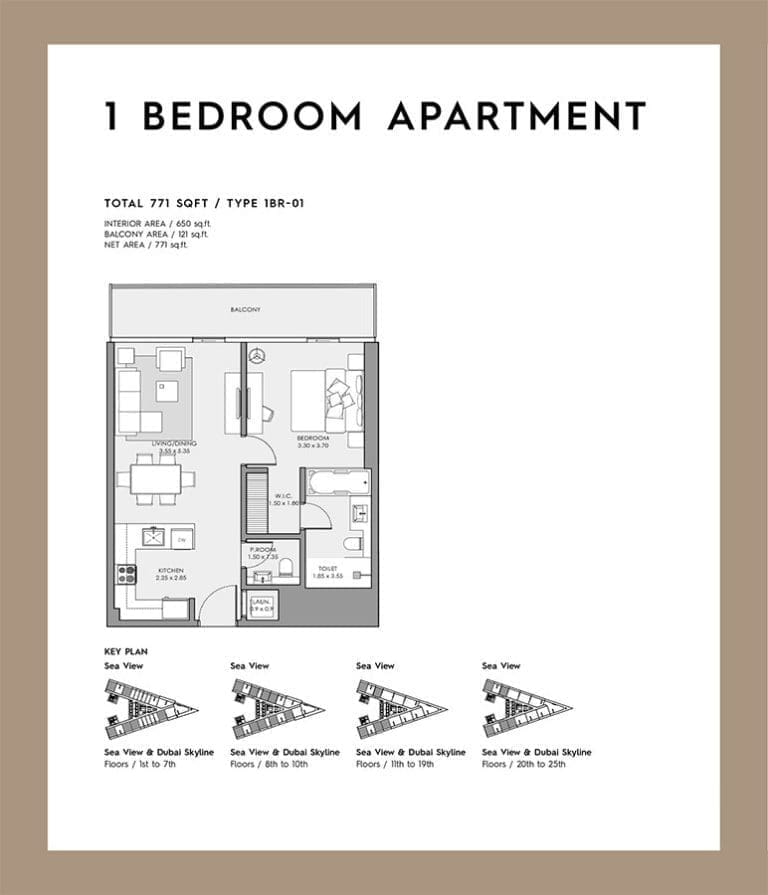 Deyaar Mar Casa 1 Bedroom Apartment Type 01 Floor Plans