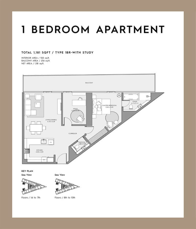 Deyaar Mar Casa 1 Bedroom Apartment with Study Floor Plans