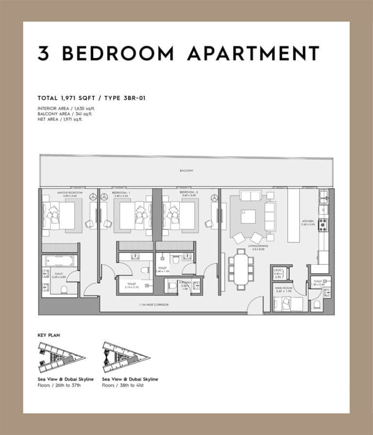 Deyaar Mar Casa 3 Bedroom Apartment Type 01 Floor Plans
