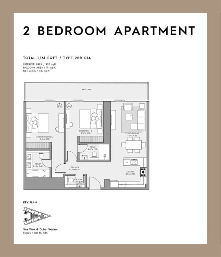 Deyaar Mar Casa 2 Bedroom Apartment Type 01A Floor Plans