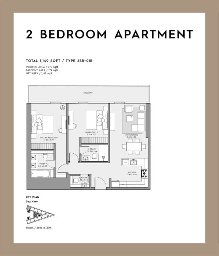 Deyaar Mar Casa 2 Bedroom Apartment Type 01B Floor Plans
