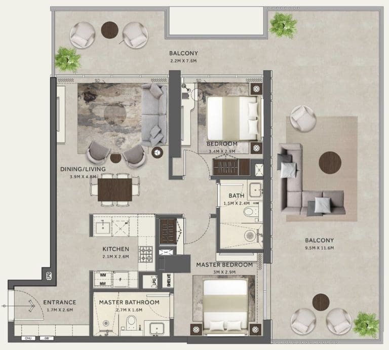 Marriot Residences 2 Bedroom Apartment -1 Floor Plans
