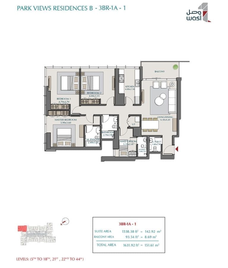 Park Views Residences 3 Bedroom Apartment Type 1A-1 Floor Plans