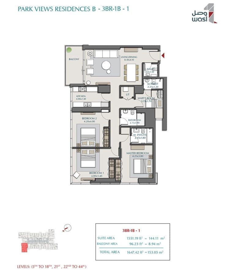 Park Views Residences 3 Bedroom Apartment Type 1B-1 Floor Plans
