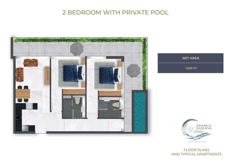 Samana Waves Phase 2 – 2 Bedroom Apartment with Private Pool Floor Plans