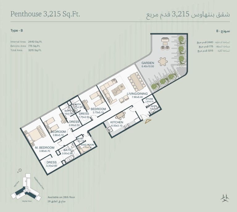 Deyaar Tria 3 Bedroom Penthouse Type B Floor Plans