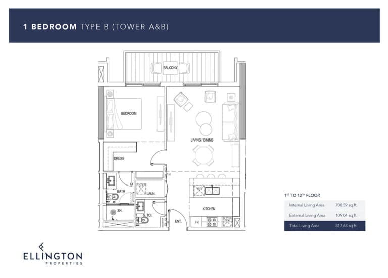 Ellington Kensington Waters Tower A & B – 1 Bedroom Apartment Type B Floor Plans