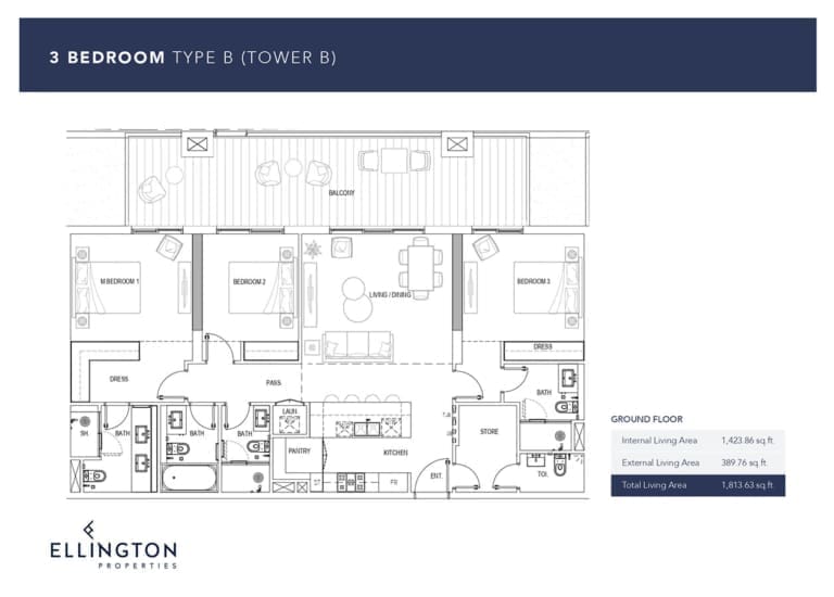 Ellington Kensington Waters Tower B – 3 Bedroom Apartment Type B Floor Plans