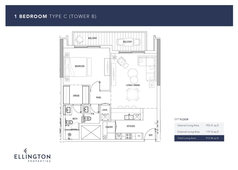 Ellington Kensington Waters Tower B – 1 Bedroom Apartment Type C Floor Plans