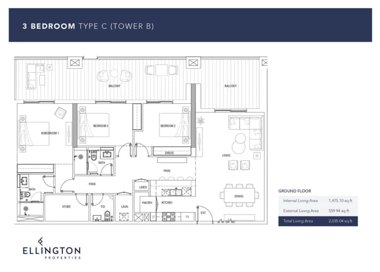Ellington Kensington Waters Tower B – 3 Bedroom Apartment Type C Floor Plans