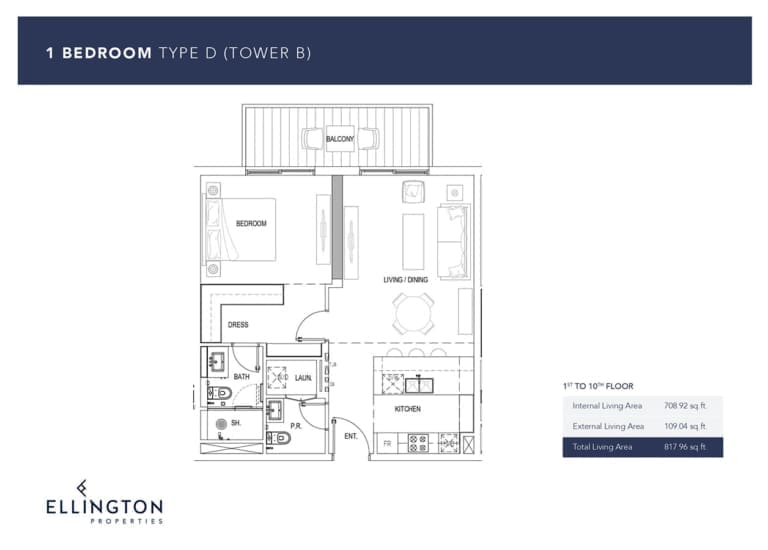 Ellington Kensington Waters Tower B – 1 Bedroom Apartment Type D Floor Plans