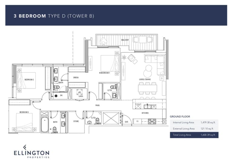 Ellington Kensington Waters Tower B – 3 Bedroom Apartment Type D Floor Plans