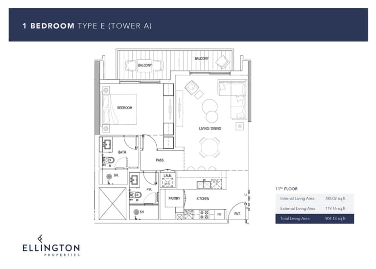 Ellington Kensington Waters Tower A – 1 Bedroom Apartment Type E Floor Plans