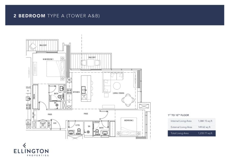 Ellington Kensington Waters Tower A & B – 2 Bedroom Apartment Type A Floor Plans