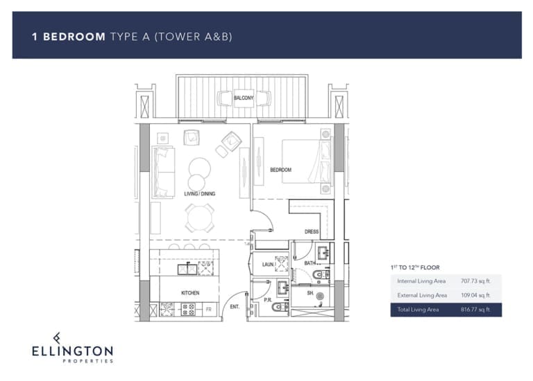 Ellington Kensington Waters Tower A & B – 1 Bedroom Apartment Type A Floor Plans