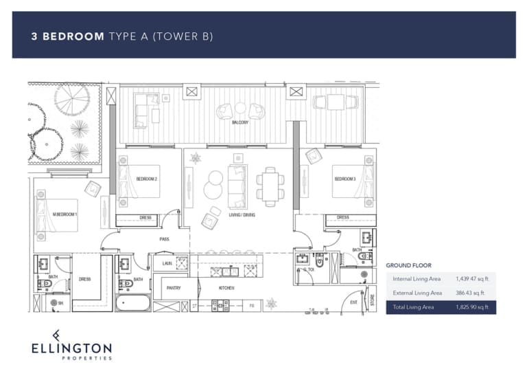 Ellington Kensington Waters Tower B – 3 Bedroom Apartment Type A Floor Plans