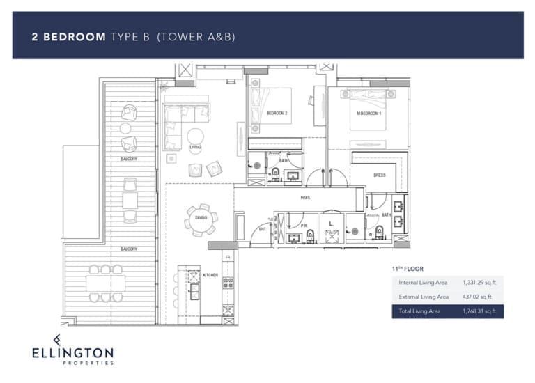 Ellington Kensington Waters Tower A & B – 2 Bedroom Apartment Type B Floor Plans