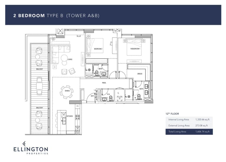 Ellington Kensington Waters Tower A & B – 2 Bedroom Apartment Type B-1 Floor Plans