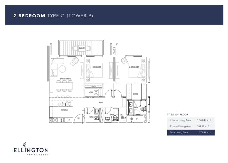 Ellington Kensington Waters Tower B – 2 Bedroom Apartment Type C Floor Plans